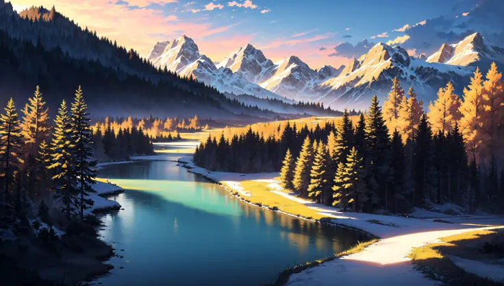 ((masterpiece:1.4,best quality)), cloud, outdoors, 
(mountains), spring glade, scenery, sky, winter, village, tree, river,
 high detail, abundant, 8k, high detail, wallpaper,