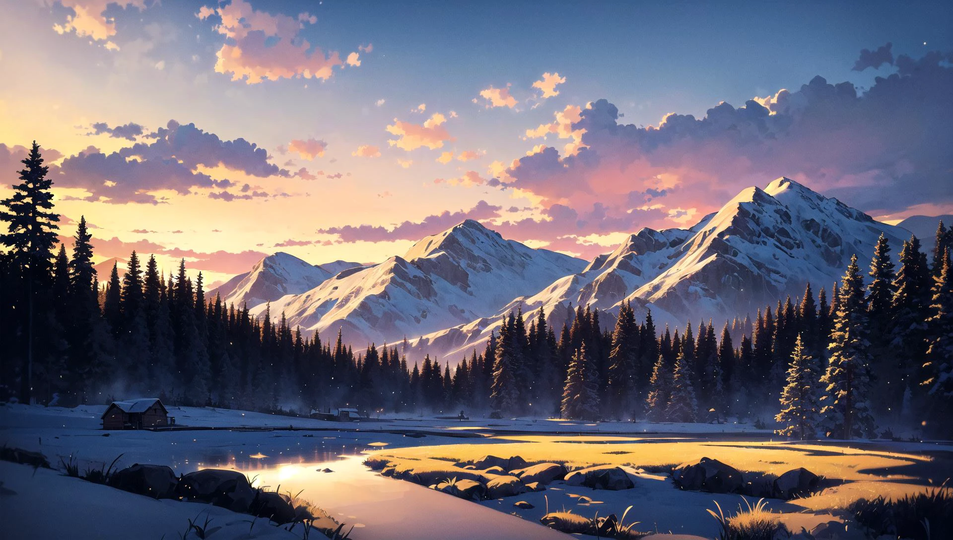 ((masterpiece:1.4,best quality)), cloud, outdoors
(mountains), spring glade, scenery, sky, winter, (cabin:1.2), tree,
(early morning:1.4),morning red, high detail, abundant, 8k, high detail, wallpaper,
