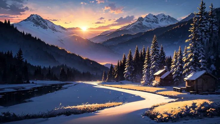 ((masterpiece:1.4,best quality)), cloud, outdoors
(mountains), spring glade, scenery, sky, winter, (cabin:1.2), tree,
(early morning:1.4),morning red, high detail, abundant, 8k, high detail, wallpaper,