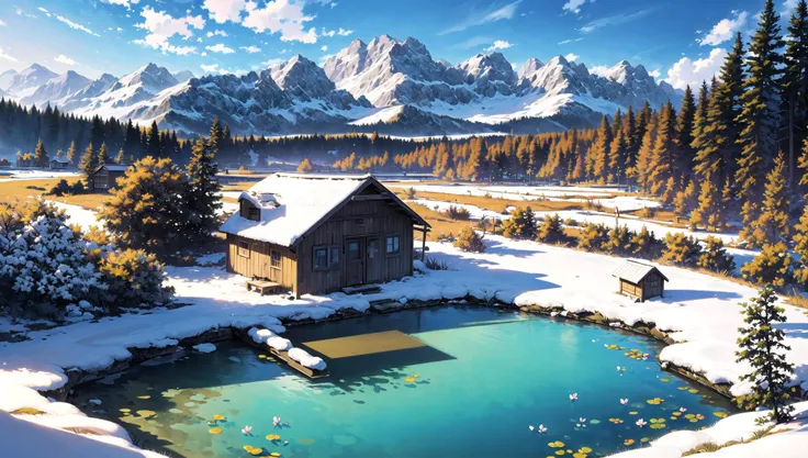 ((masterpiece:1.4,best quality)), cloud, outdoors, 
(mountains), spring glade, scenery, sky, winter, village, tree, pond, fishing hut
 high detail, abundant, 8k, high detail, wallpaper,