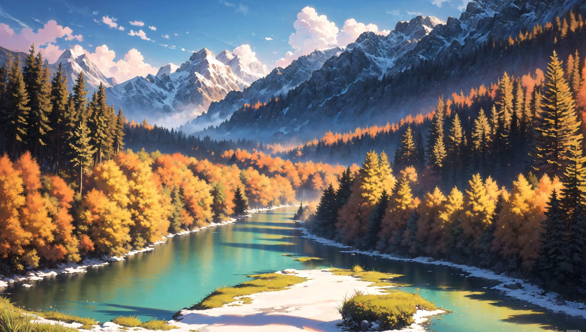 ((masterpiece:1.4,best quality)), cloud, outdoors,
(mountains), spring glade, scenery, sky, winter, village, tree, river,
high detail, abundant, 8k, high detail, wallpaper,