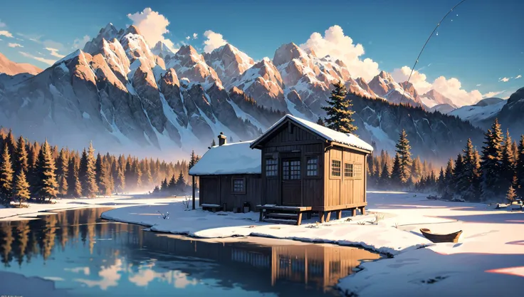 ((masterpiece:1.4,best quality)), cloud, outdoors, 
(mountains), spring glade, scenery, sky, winter, village, tree, pond, fishing hut
 high detail, abundant, 8k, high detail, wallpaper,