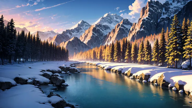 ((masterpiece:1.4,best quality)), cloud, outdoors, 
(mountains), spring glade, scenery, sky, winter, village, tree, river,
 high detail, abundant, 8k, high detail, wallpaper,