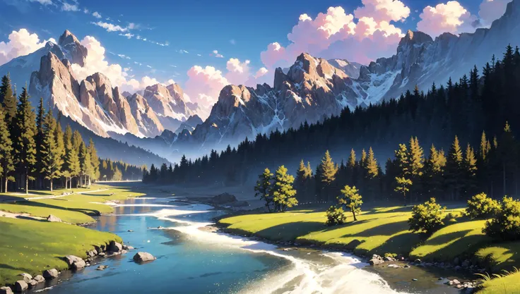 ((masterpiece:1.4,best quality)), cloud, outdoors, 
(mountains), spring glade, scenery, sky, winter, village, tree, river,
 high detail, abundant, 8k, high detail, wallpaper,