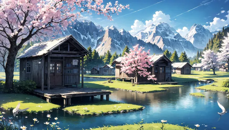 ((masterpiece:1.4,best quality)), cloud, outdoors, 
(mountains), spring glade, scenery, sky, winter, village, tree, pond, fishing hut
 high detail, abundant, 8k, high detail, wallpaper,