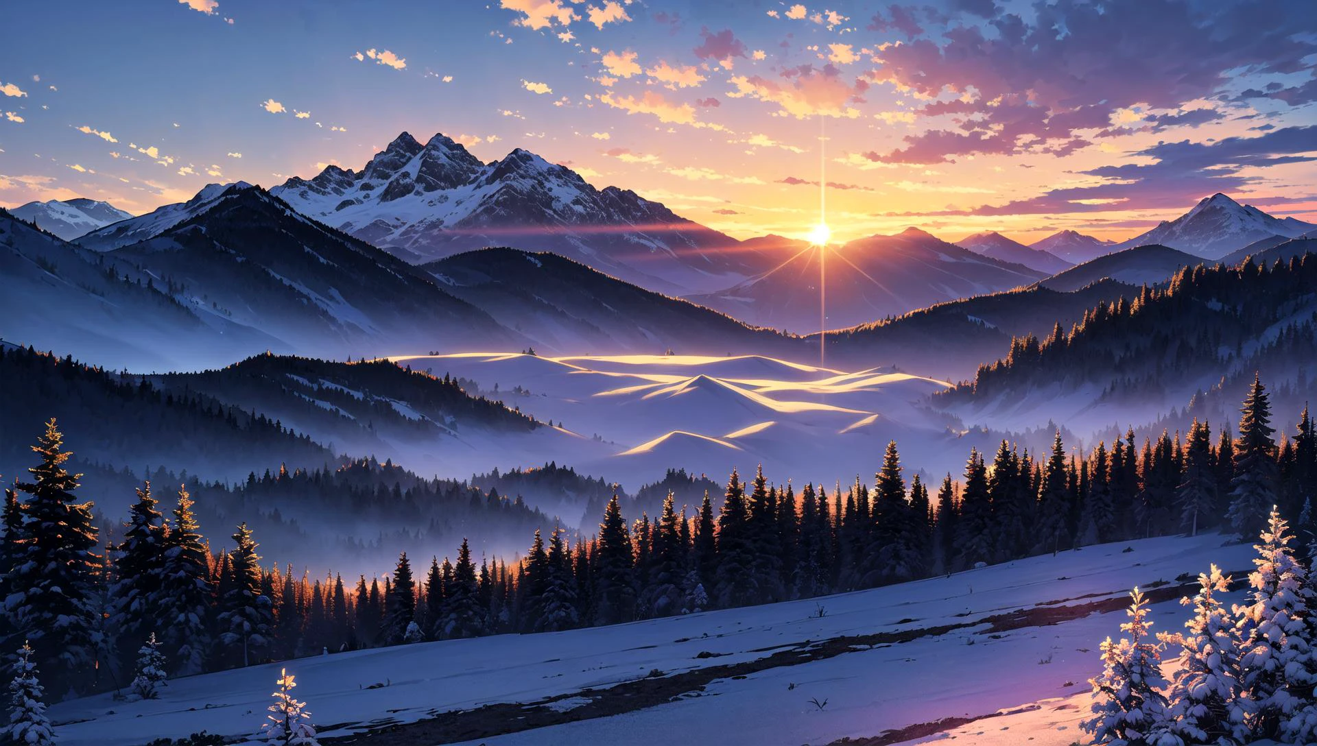 ((masterpiece:1.4,best quality)), cloud, outdoors
(mountains), spring glade, scenery, sky, winter, (cabin:1.2), tree,
(early morning:1.4),morning red, high detail, abundant, 8k, high detail, wallpaper,