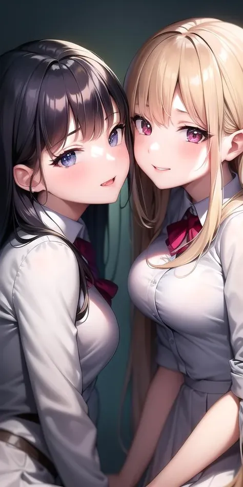 masterpiece, 4k, high quality, highly detailed, detailed face, HDR, vivid colors, natural lighting, at school, 2 girls, friends, looking to each other, heads together, (kissing), medium breasts, long hair, open hair, (embarrased face, happy face), shy, from above