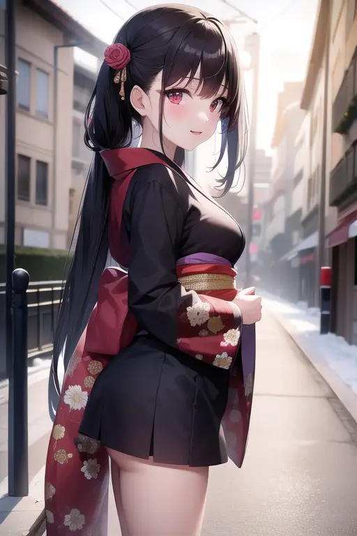 (absurdres:1.2),(masterpiece), 4k, (best quality:1.2), (((HDR))),highly detailed, detailed face,high contrast, vivid colors, natural lighting,(1 girl:1.2),happy face, looking to viewer,(kissing), small breasts, long hair,twintails,red eyes,black hair color,(sakura kimono),(pink kimono),city,town,night,winter,snow falling,light,street,standing,happy pose,
BREAK