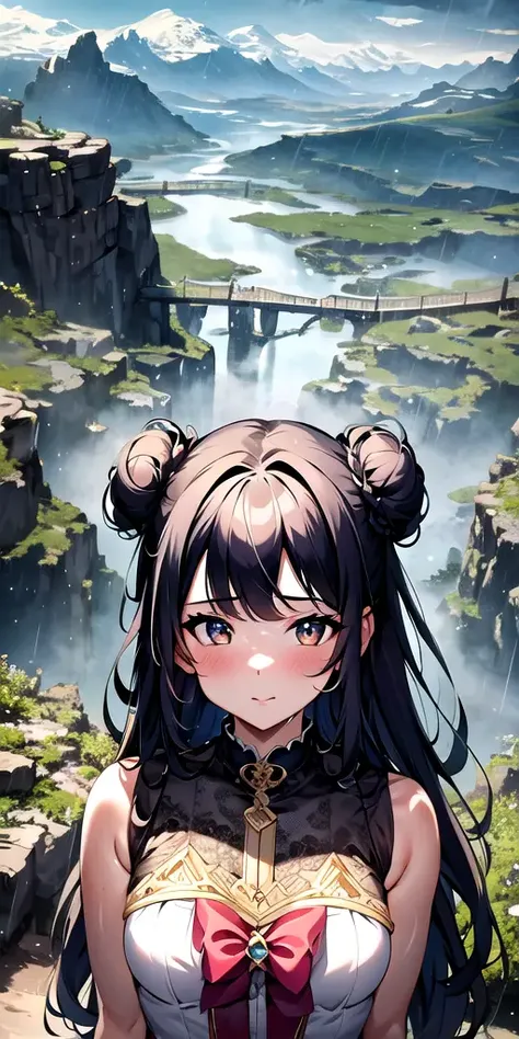 portrait, masterpiece, 4k, high quality, highly detailed, detailed face, HDR, vivid colors, natural lighting, mountains background, nature, rain, water drop, cloudy sky, magical girl, 1girl, girl, solo, upper body, long hair, double bun, from above