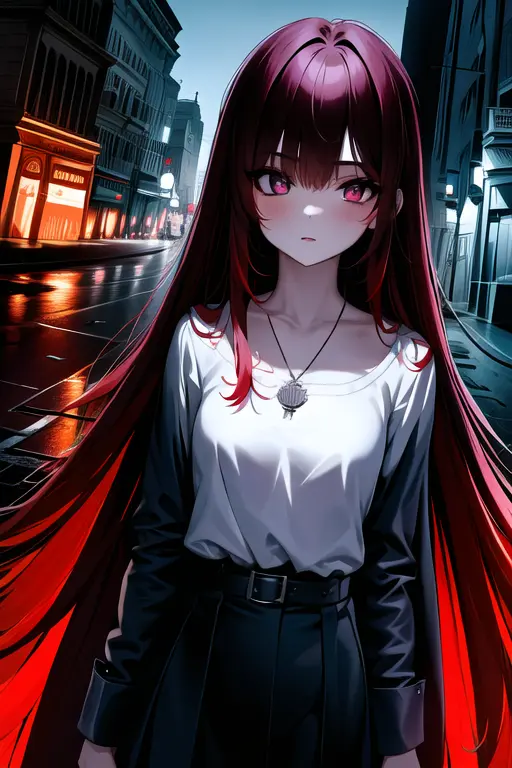 (absurdres:1.2),(masterpiece), 4k, (best quality:1.2), (((HDR))),highres,detailed, detailed face,(eyes detailed:1.6),high contrast, vivid colors, natural lighting,(1girl:1.2), girl,(solo),brave face, looking to viewer, small breasts,very long hair,red flame eyes,(red flame hair color),(white shirt),(blue sky skirt),(black overcoat),necklace,city,town,night,light,street,standing,fire,
BREAK