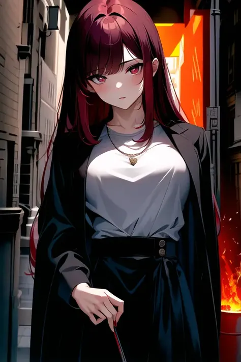 (absurdres:1.2),(masterpiece), 4k, (best quality:1.2), (((HDR))),highres,detailed, detailed face,(eyes detailed:1.6),vivid colors, natural lighting,(1girl:1.2),(solo),brave face, looking to viewer, small breasts,very long hair,red flame eyes,(red flame hair color),(white shirt),(black skirt),(black overcoat),necklace,city,town,night,light,street,standing,fire,
BREAK