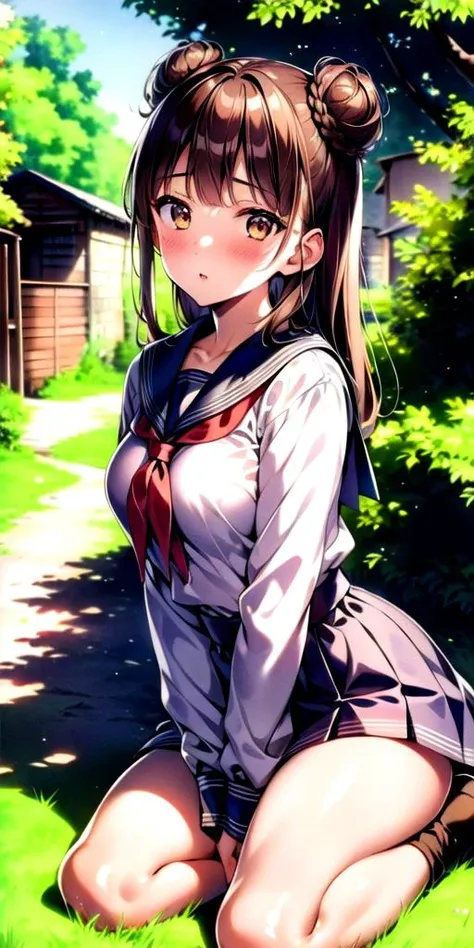 masterpiece, 4k, high quality, highly detailed, detailed face, HDR, vivid colors, natural lighting, amazing background, village, sunlight, 1girl, medium breasts, white skin, school uniform, double bun, long hair, brown hair, seiza