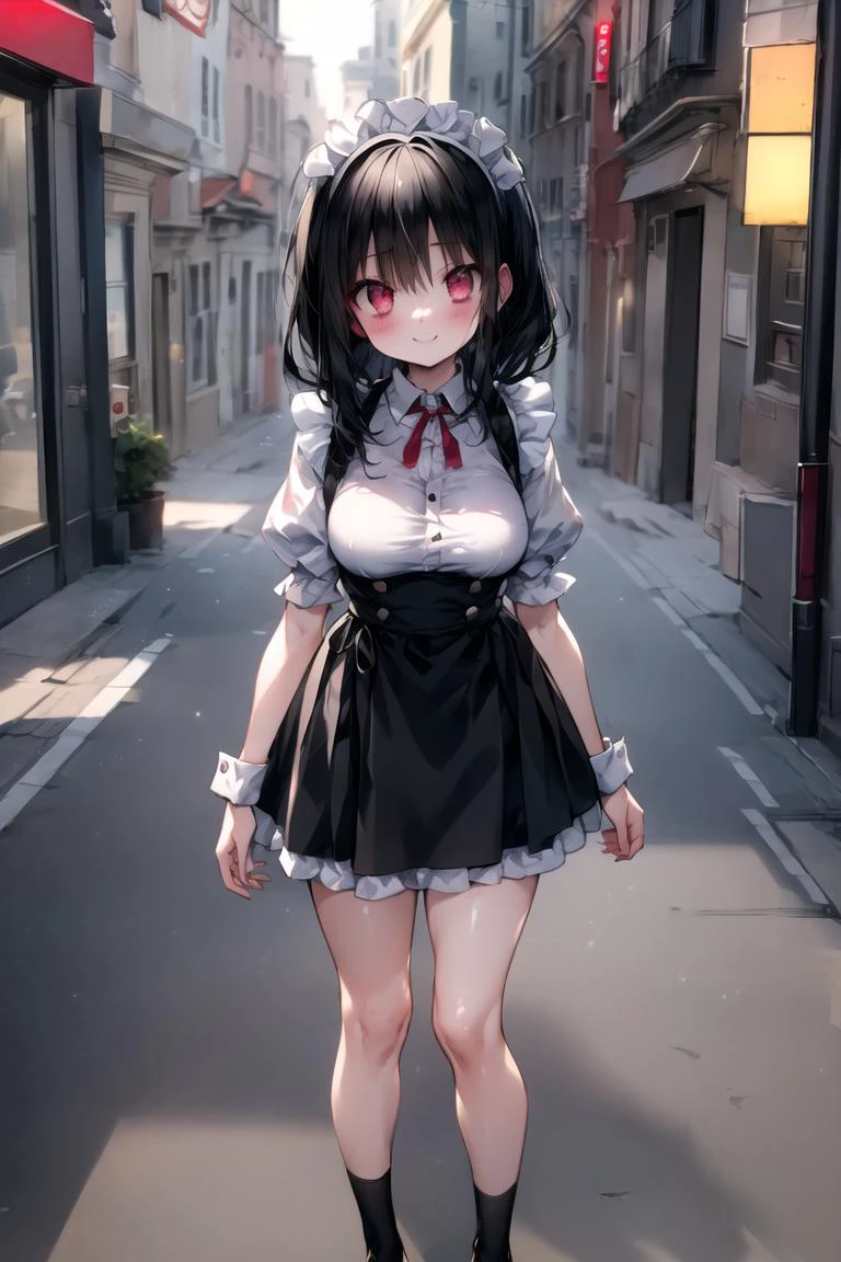 (masterpiece:1.2),best quality,perfect anatomy,best detailed,best background,
character focus,
cute girl,shiny skin,small eyes,large breasts,light smile,
lovely big eyes,cute eyes,(red eyes:1.4),(black hair:1.4),
maid shirt,maid skirt,
city,street,outdoors,
looking at viewer,full body,standing,
<lyco:Cute Gothic Fashion1_1:0.75>,
BREAK
