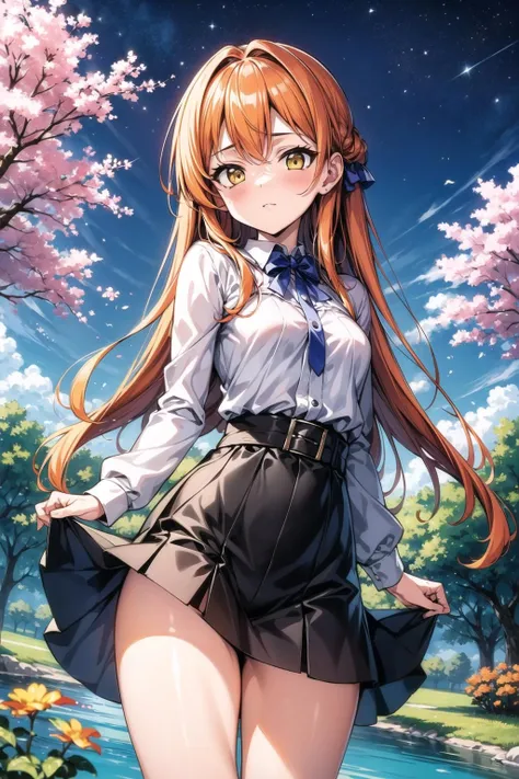 (masterpiece:1.2),best quality,extremely detailed,
BREAK
cute girl,(petite:1.2),solo,shiny skin,small breasts,very long hair,
detailed eyes,perfect anatomy,
cute eyes,(yellow eyes:1.3),(orange hair:1.3),
BREAK
white shirt,black skirt,
BREAK
sakura tree,lake,garden,flower,galaxy sky,
BREAK
character focus,looking at viewer,
BREAK
<lyco:Add More Details:0.4>,