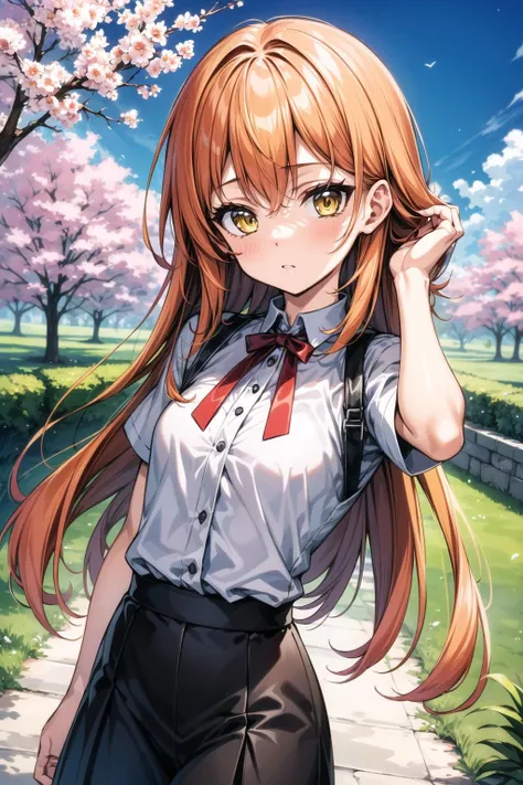 (masterpiece:1.2),best quality,extremely detailed,
BREAK
cute girl,(petite:1.2),solo,shiny skin,small breasts,very long hair,
detailed eyes,perfect anatomy,
cute eyes,(yellow eyes:1.3),(orange hair:1.3),
BREAK
white shirt,black skirt,
BREAK
sakura tree,lake,garden,flower,galaxy sky,
BREAK
character focus,looking at viewer,
BREAK
<lyco:Add More Details:0.4>,