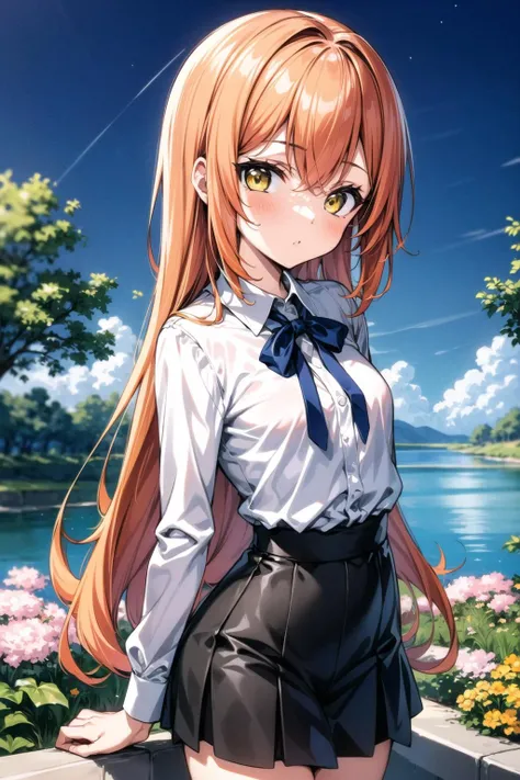 (masterpiece:1.2),best quality,extremely detailed,
BREAK
cute girl,(petite:1.2),solo,shiny skin,small breasts,very long hair,
detailed eyes,perfect anatomy,
cute eyes,(yellow eyes:1.3),(orange hair:1.3),
BREAK
white shirt,black skirt,
BREAK
sakura tree,lake,garden,flower,galaxy sky,
BREAK
character focus,looking at viewer,
BREAK
<lyco:Add More Details:0.4>,