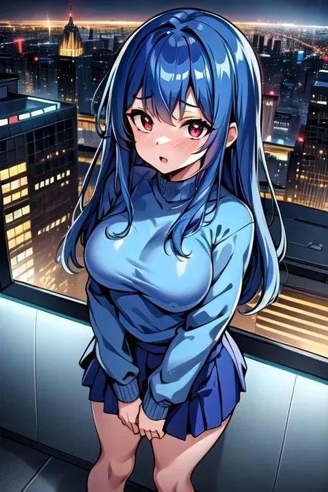 masterpiece, 4k, high quality, highly detailed, detailed face, HDR, vivid colors, natural lighting, city, rainy girl, 1girl, solo, medium breasts, blue hair, long hair, red eyes, sweating, blue skirt, blue pullover, oversized pullover, from above