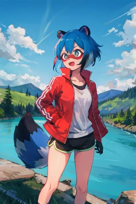 bnamichiru, female furry, blue hair, multicolored hair, short hair, raccoon ears, tail, red jacket, black shorts, short shorts, embarrassed, standing, mountain, river <lora:michiru_kagemori:1>
