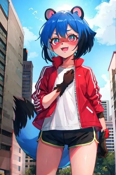 bnamichiru, female furry, blue hair, multicolored hair, short hair, raccoon ears, tail, red jacket, black shorts, short shorts, :d, sitting, city  <lora:michiru_kagemori:1>