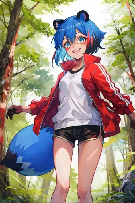 bnamichiru, female furry, blue hair, multicolored hair, short hair, raccoon ears, tail, red jacket, black shorts, short shorts, smile, standing, forest <lora:michiru_kagemori:1>