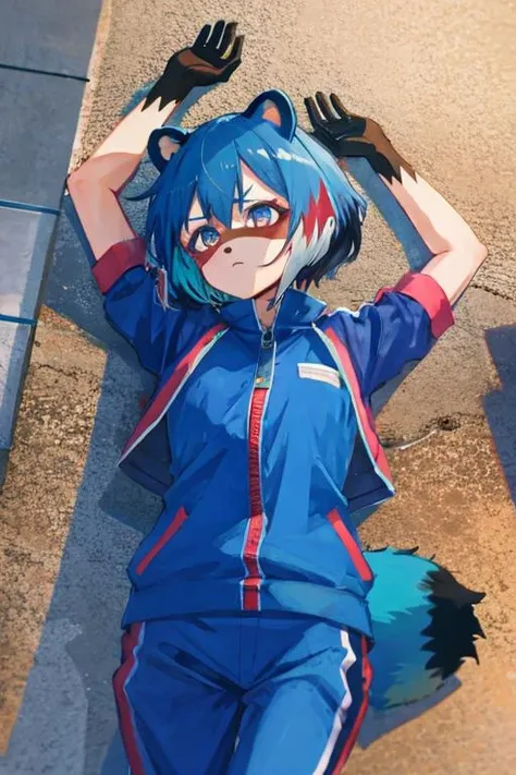 bnamichiru, female furry, blue hair, multicolored hair, short hair, raccoon ears, tail, jumpsuit, frown, lying, city  <lora:michiru_kagemori:1>