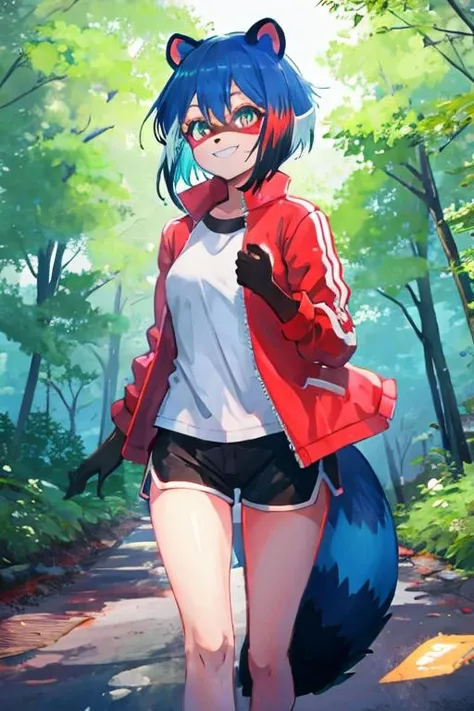 bnamichiru, female furry, blue hair, multicolored hair, short hair, raccoon ears, tail, red jacket, black shorts, short shorts, smile, walking, forest <lora:michiru_kagemori:1>