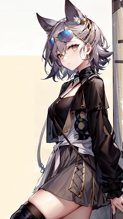 masterpiece, high quality, highres,
1girl, solo,
<lora:penanceArknightsV1-000020:0.8>,penance,
eyewear on head, tinted eyewear,
cowboy shot, against wall, one leg up,
from side,
looking at viewer, expressionless,
simple background,