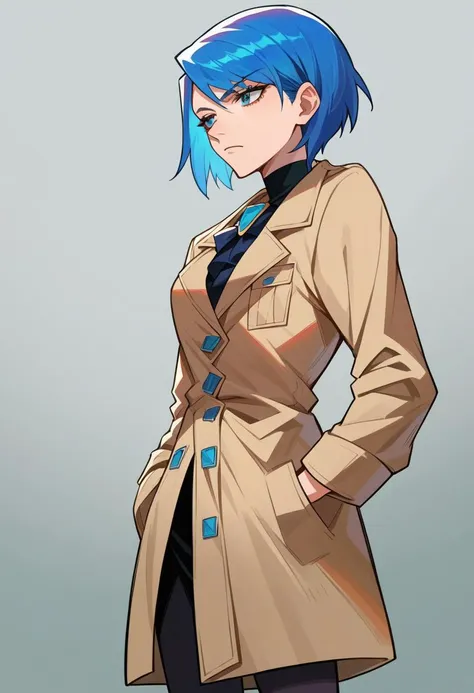 score_9, score_8_up, score_7_up, source_anime, 1girl, thigh up, expressionless, thin waist, <lora:aa_franziska_ponyXL:1> aafranziska, trench coat, hands in pockets, blue hair, cinematic, film noir