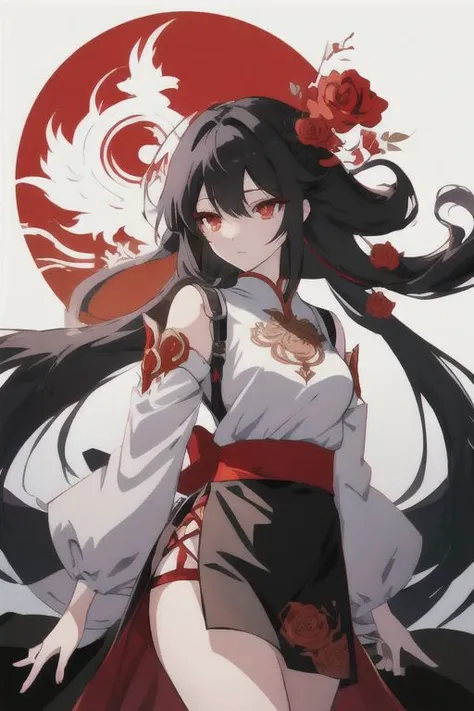 animemanga girlLong black hairwhiteskirtred rose, Tattooed with, Delicate and beautiful eyes, guweiz, guweiz on pixiv artstation, detailed digital anime art, Beautiful anime girls, guweiz on artstation pixiv, Anime style 4k, Guys, a beautiful anime portrait, detailed portrait of an anime girl, detailed anime art, beautiful anime woman