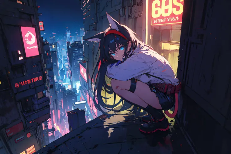 <lora:blaze:0.8> blaze, long hair, animal ears, cat tail, medium breasts, blue eyes, black hair, red hairband, white shirt, jacket, miniskirt, belt, gloves, thighhigh, squatting, leaning forward, rooftop, cityscape, night, glowing, neon lights, cyberpunk, (looking at viewer:0.7), masterpiece, best quality, highres, <lora:GoodHands-vanilla:1> nice hands, perfect hands