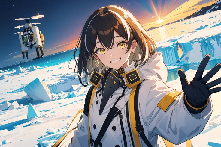<lora:magallanAK:0.8> magallan, yellow eyes, mask around neck, white coat, white gloves, antarcticite, ice, aurora, outdoors, drone, selfie, grin, upper body, squinting, masterpiece, best quality, highres, <lora:GoodHands-vanilla:1> nice hands, perfect hands