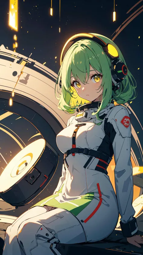 (high quality, best quality, 4k, 2k, (intricate:1.1), (high detail:1.3)), (Enchanted Forest with Glowing Mushrooms, depth of field), (official wallpaper, volumetric lighting, dynamic lighting),
1girl, solo, Apple green hair, Yellow eyes, medium breasts,
Spiral Curls, Futuristic astronaut dress with a helmet-like headpiece and reflective materials,
Contemplative,
looking at viewer, sitting