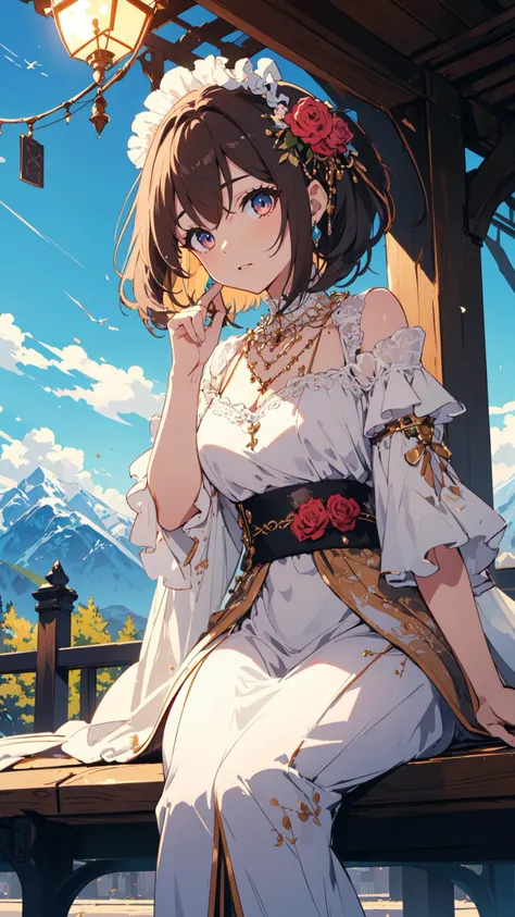 (high quality, best quality, 4k, 2k, (intricate:1.1), (high detail:1.3)), (Majestic mountains with a clear blue sky, depth of field), (official wallpaper, volumetric lighting, dynamic lighting),
1girl, solo, Rich Brunette hair, Rose eyes, big breasts,
Layered Pixie Cut, Noblewoman's gown with rich brocade fabric and bell sleeves, Chandelier Necklace,
Scornful,
looking at viewer, Sitting on a bench in a park, holding a musical instrument, lost in the joy of playing music.