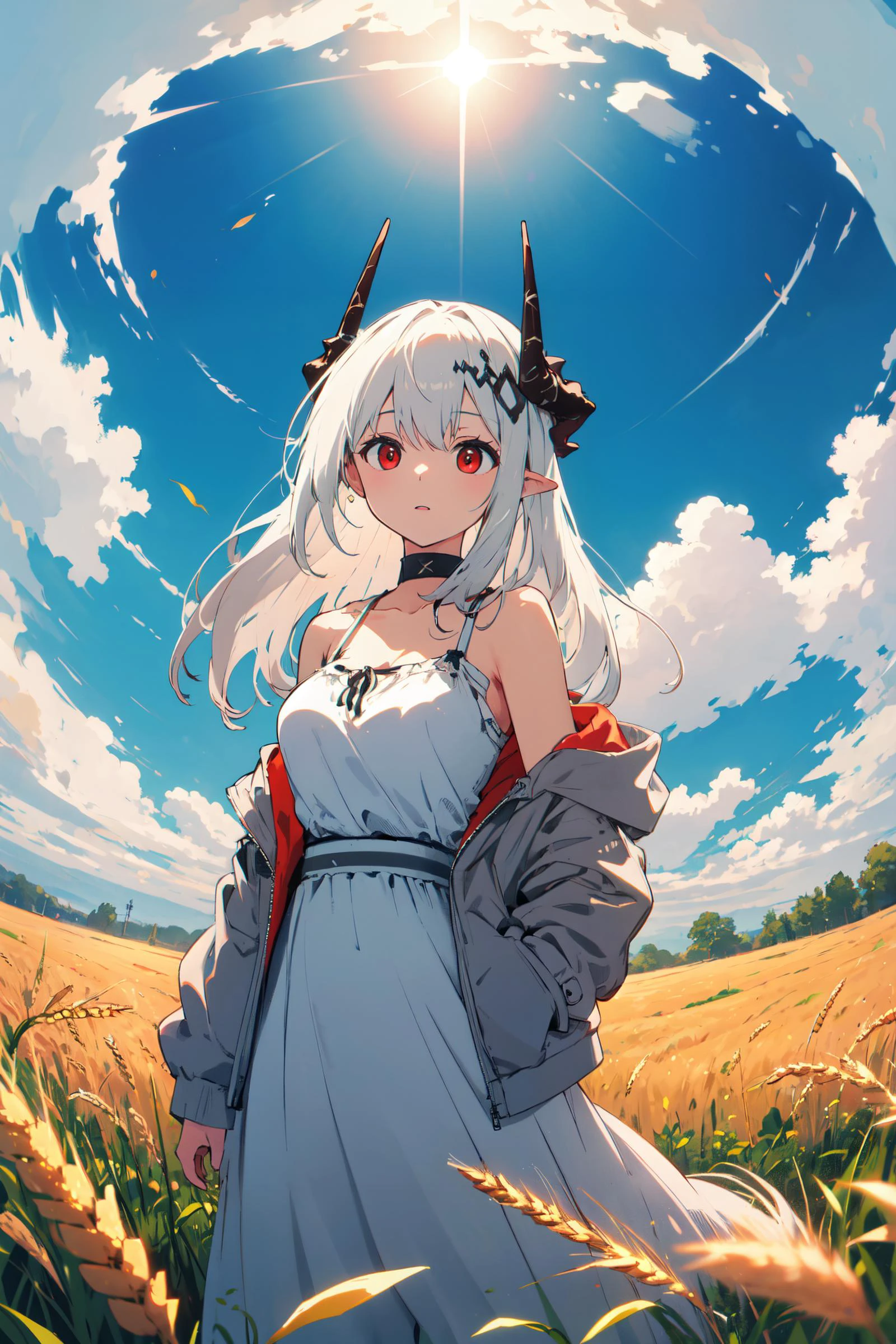 <lora:mudrock-03:0.7> mudrock, large breasts, red eyes, white hair, horns, long hair, sundress, grey jacket on shoulders, wheat field, hops, fisheye, masterpiece, best quality, highres