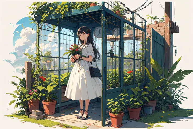 1girl, analog clock, barbed wire, bare tree, birdcage, branch, brick wall, cage, chain-link fence, clock, cloud, fence, ferris wheel, ivy, leaf, overgrown, palm tree, plant, potted plant, spider web, tree, vines, masterpiece, best quality, highres, <lora:GoodHands-vanilla:1> nice hands, perfect hands