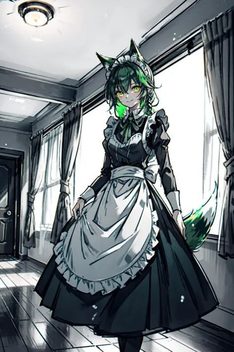 (high quality, best quality, 4k, 2k, (intricate:1.1), (high detail:1.3)), ((indoors, hallway, mansion, curtains)), (official wallpaper, volumetric lighting, dynamic lighting),
1girl, solo, (fox girl, fox ears, fox tail), ((green hair)), long hair, single braid, (glowing green eyes),
maid, maid apron, maid headdress,
standing, ((smile)), ink splash,
<lora:mo:0.6>, <lora:hyperdetailer_v080:0.4>, <lora:Gloomifier_V2_TheGlow:0.4>