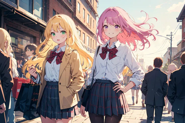 2girls, spring, shop, school uniform, plaid skirt, street, crowd, cowboy shot, floating hair BREAK, masterpiece, best quality, highres, <lora:GoodHands-vanilla:1> nice hands, perfect hands ADDCOMM, 1girl, long blonde hair, green eyes, jacket, embarrassed, looking at another BREAK, 1girl, smile, purple eyes, pink hair, brown pantyhose, looking at another, squinting, leaning forward, hand on own hip
