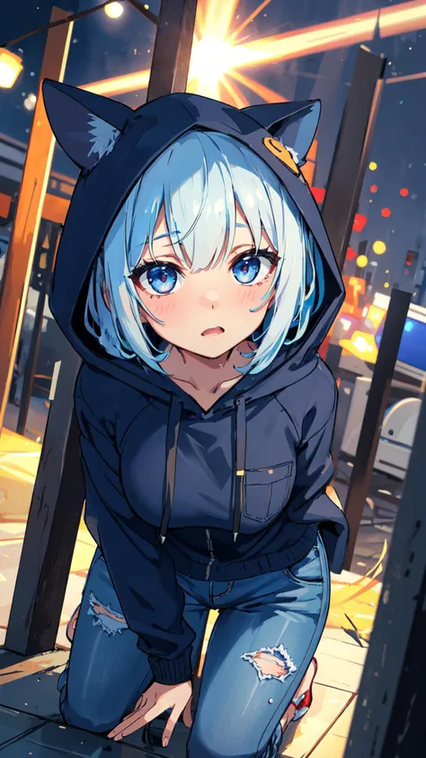 (high quality, best quality, 4k, 2k, (intricate:1.1), (high detail:1.3)), (Celestial Bridge Leading to the Stars, depth of field), (official wallpaper, volumetric lighting, dynamic lighting),
1girl, solo, Electric blue hair, Blanched almond eyes, medium breasts,
Messy Fringe with Tapered Sides, Hooded pullover sweatshirt with a kangaroo pocket., Flare jeans,
Flustered,
looking at viewer, crouching