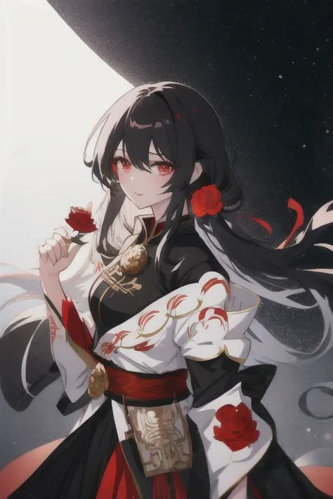 animemanga girlLong black hairwhiteskirtred rose, Tattooed with, Delicate and beautiful eyes, guweiz, guweiz on pixiv artstation, detailed digital anime art, Beautiful anime girls, guweiz on artstation pixiv, Anime style 4k, Guys, a beautiful anime portrait, detailed portrait of an anime girl, detailed anime art, beautiful anime woman