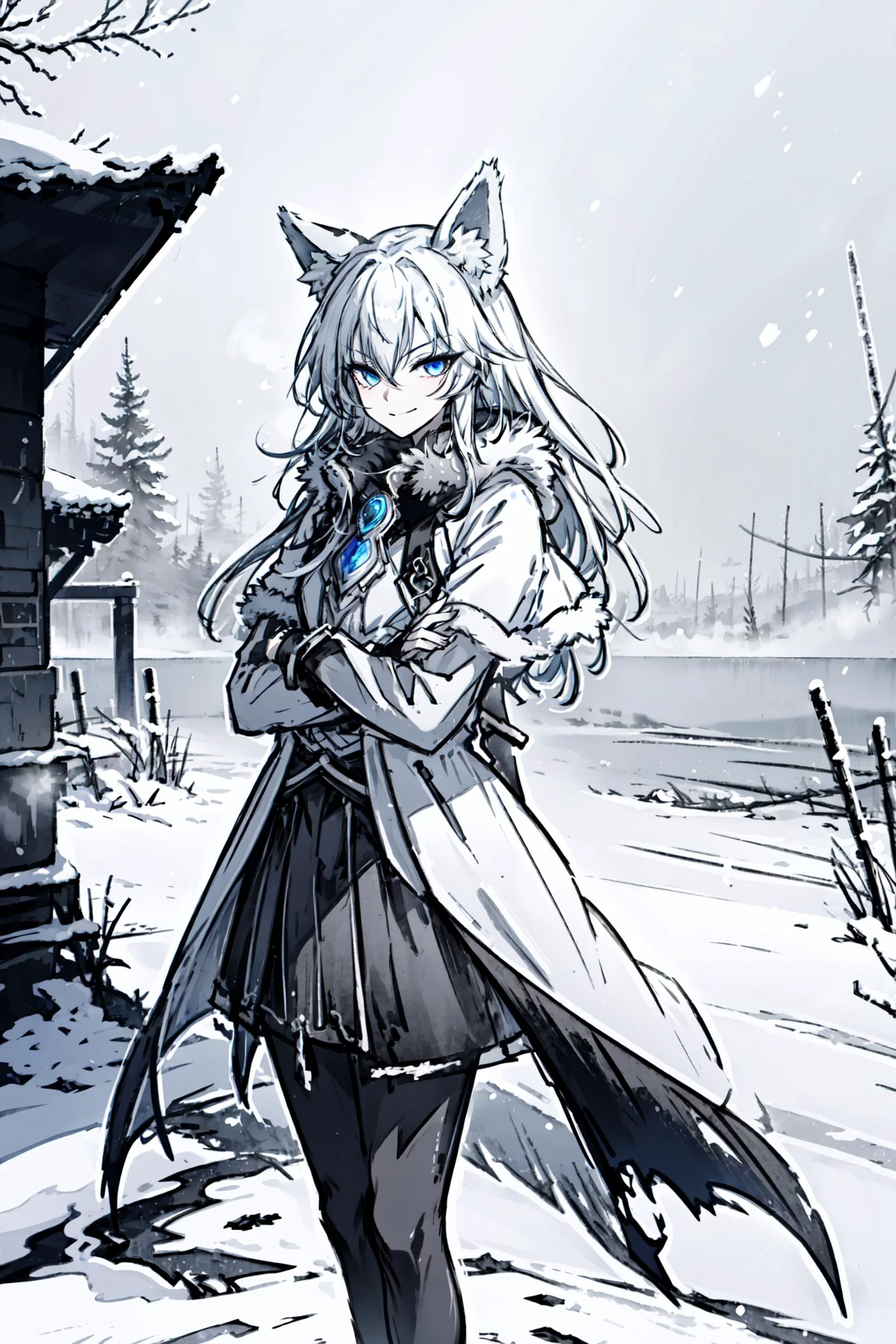 (high quality, best quality, 4k, 2k, (intricate:1.1), (high detail:1.3)), ((outdoors, winter, snow, ice, fog, mist, abstract background)), (official wallpaper, volumetric lighting, dynamic lighting),
1girl, solo, (fox girl, fox ears, fox tail), (white hair), very long hair, (blue eyes),
(fur trim), capelet, crossed arms, pantyhose, fur collar, fur coat,
standing, ((confident, smirk)), ink splash,
<lora:mo:0.6>, <lora:hyperdetailer_v080:0.4>, <lora:Gloomifier_V2_TheGlow:0.4>