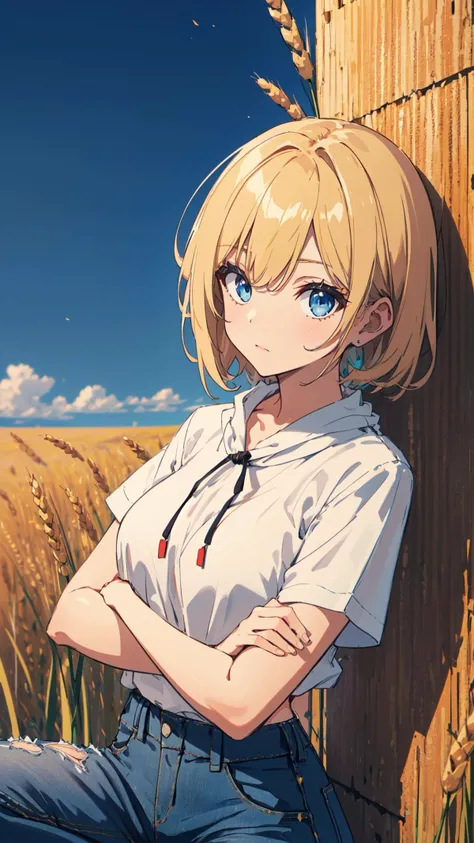 (high quality, best quality, 4k, 2k, (intricate:1.1), (high detail:1.3)), (Golden wheat fields stretching to the horizon, depth of field), (official wallpaper, volumetric lighting, dynamic lighting),
1girl, solo, Tan hair, Powder blue eyes, medium breasts,
Tousled Top with Taper Fade, Wrap-front blouse with a ruffled peplum hem, High-waisted denim jogger pants with a drawstring waist,
Sarcasm,
looking at viewer, squatting, crossed arms,