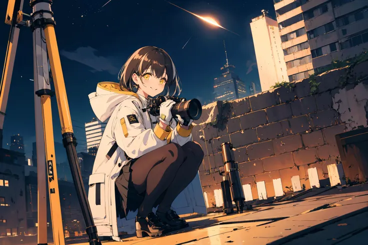 <lora:magallanAK:0.8> yellow eyes, black skirt, black pantyhose, white coat, white gloves, telescope, night, meteor, star \(sky\), smile, rooftop, cityscape, depth of field, squatting, masterpiece, best quality, highres, <lora:GoodHands-vanilla:1> nice hands, perfect hands