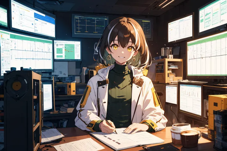 <lora:magallanAK:0.8> magallan, yellow eyes, green turtleneck sweater, white coat on shoulders, a bunch of monitors, chart, string chart, glowing, coffee cup, smile, masterpiece, best quality, highres, <lora:GoodHands-vanilla:1> nice hands, perfect hands