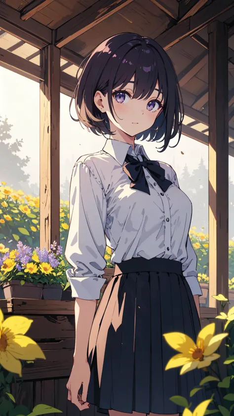 (high quality, best quality, 4k, 2k, (intricate:1.1), (high detail:1.3)), (Rustic cottage nestled in a blooming flower field, depth of field), (official wallpaper, volumetric lighting, dynamic lighting),
1girl, solo, Dark Violet hair, Icy Blonde eyes, medium breasts,
Classic Taper Cut with Textured Crop, Bow-tie blouse, A-line skirt,
Euphoric,
looking at viewer, standing