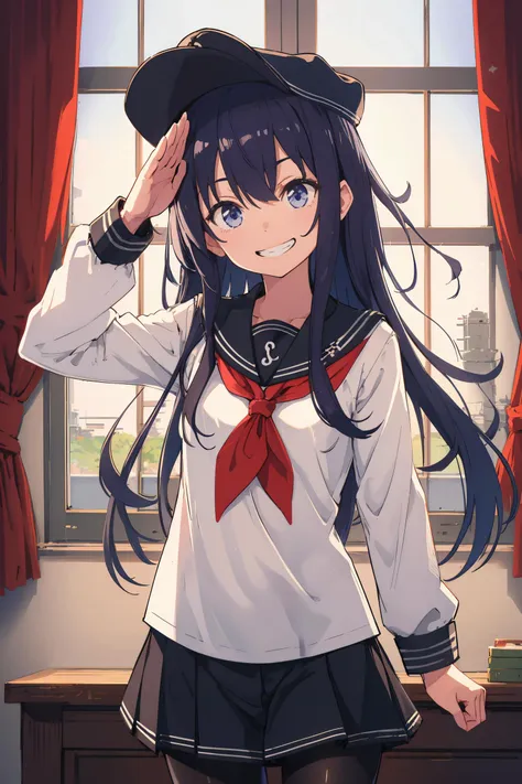 <lora:xiao:0.8> akatsuki, flat cap, serafuku, white shirt, long sleeves, pantyhose, salute, head tilt, grin, window, glowing, cowboy shot, masterpiece, best quality, highres, <lora:GoodHands-vanilla:1> nice hands, perfect hands