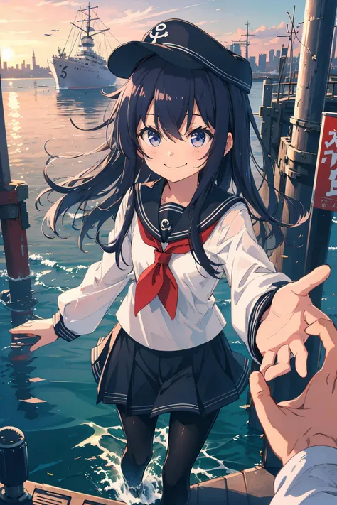 <lora:xiao:0.8> akatsuki, flat cap, serafuku, white shirt, long sleeves, pantyhose, sea, bollard, port, city background, outstretched hand, embarrassed, smile, pov, masterpiece, best quality, highres, <lora:GoodHands-vanilla:1> nice hands, perfect hands