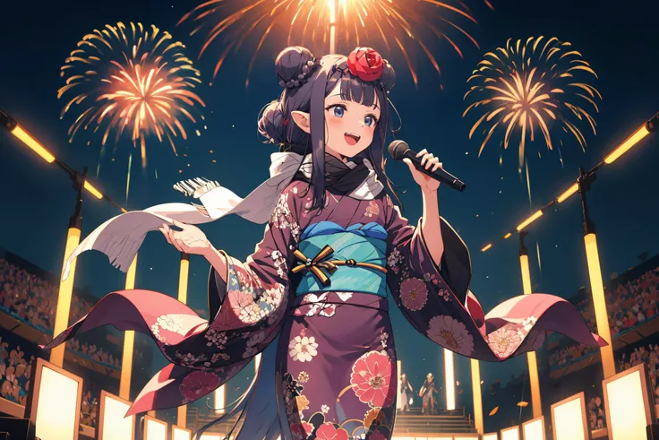 <lora:ina:0.8> inanewyears, haori, print kimono, black scarf, double bun, hair flower, singing, tentacles, smile, hand up, glowstick, stage lights, mixing console, fireworks, masterpiece, best quality, highres, <lora:GoodHands-vanilla:1> nice hands, perfect hands