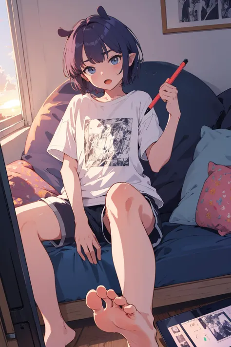 <lora:ina:0.85> inacasual, white t-shirt, short shorts, short hair, tablet pc, stylus, bedroom, sitting, tentacles, head tilt, sunset, drawing, furrowed brow, sofa bed, barefoot, foot up, (open mouth:0.8), from above, masterpiece, best quality, highres, <lora:GoodHands-vanilla:1> nice hands, perfect hands