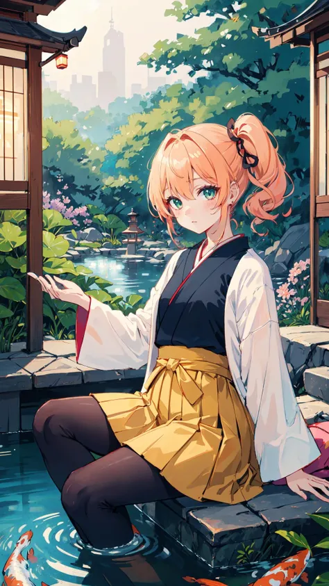 (high quality, best quality, 4k, 2k, (intricate:1.1), (high detail:1.3)), (Tranquil Japanese garden with a koi pond and traditional lanterns, depth of field), (official wallpaper, volumetric lighting, dynamic lighting),
1girl, solo, Pastel Peach hair, Emerald eyes, flat chest,
Pompadour with Hard Part, Mesh long-sleeve top with floral appliques., Mini skirt,
Puzzled,
looking at viewer, seated