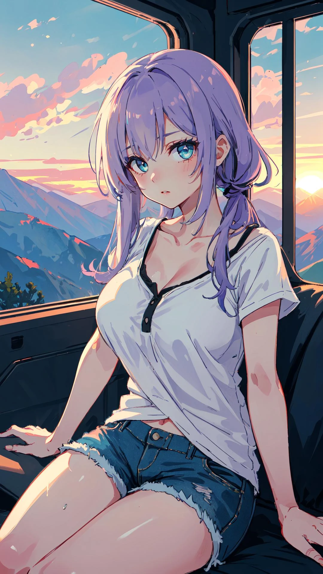 (high quality, best quality, 4k, 2k, (intricate:1.1), (high detail:1.3)), (Majestic Mountain Range at Sunrise, depth of field), (official wallpaper, volumetric lighting, dynamic lighting),
1girl, solo, Lavender hair, Teal eyes, big breasts,
Caesar Cut with Fade, Henley top, Distressed denim shorts,
Dismayed,
looking at viewer, sitting